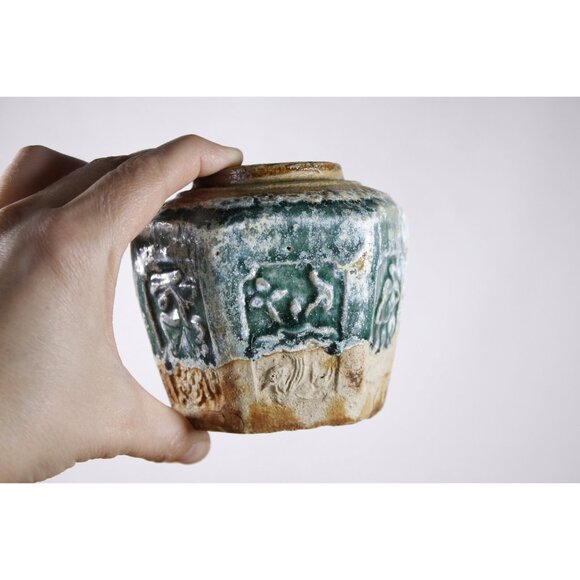 Antique Chinese hexagonal green ginger jar 3.5", Victorian small size ginger - Picture 8 of 10